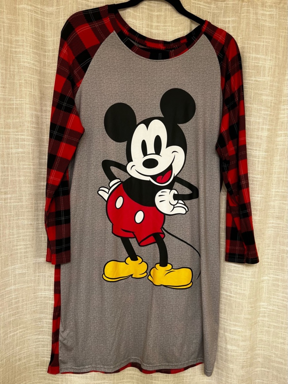 Disney Mickey Mouse Pajama Night Shirt Sleepwear Red Gray Plaid Size L